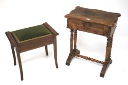 An early 20th century oak and burr walnut child's desk and a mahogany piano stool.