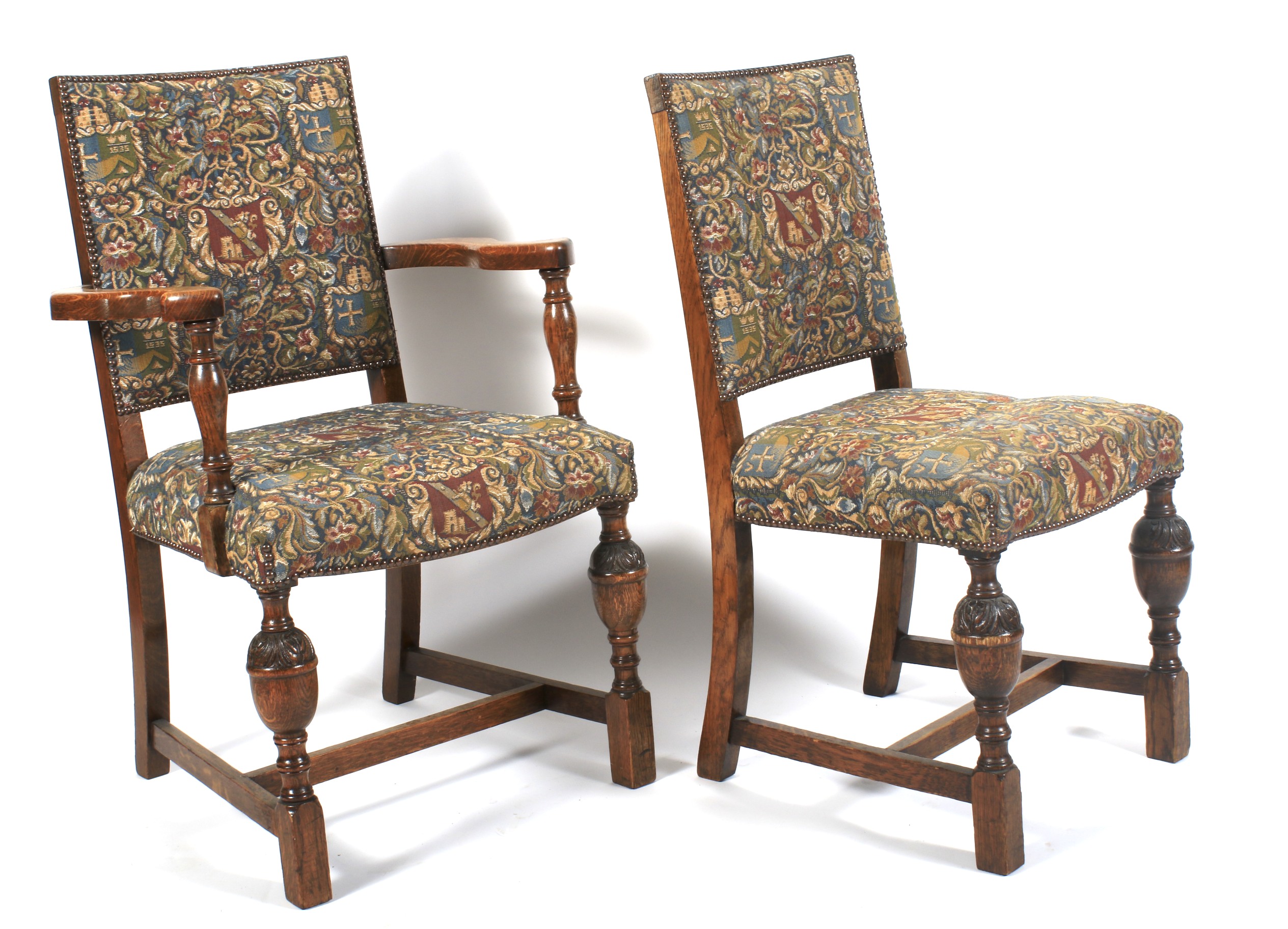 Seven Edwardian oak upholstered dining chairs. - Image 2 of 4