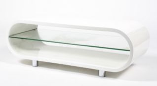 A contemporary 1960s style white gloss hoop coffee table/TV stand.