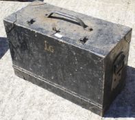 A vintage painted wooden travelling tradesman tool trunk. With the initials J.