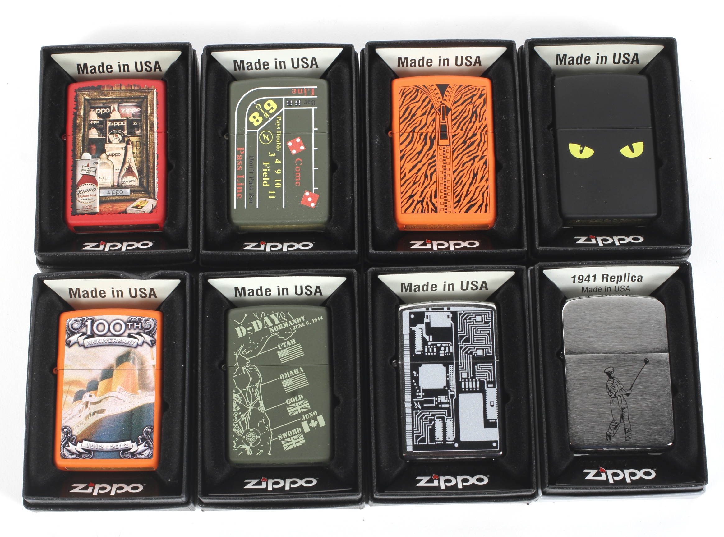 Eight Zippo lighters.