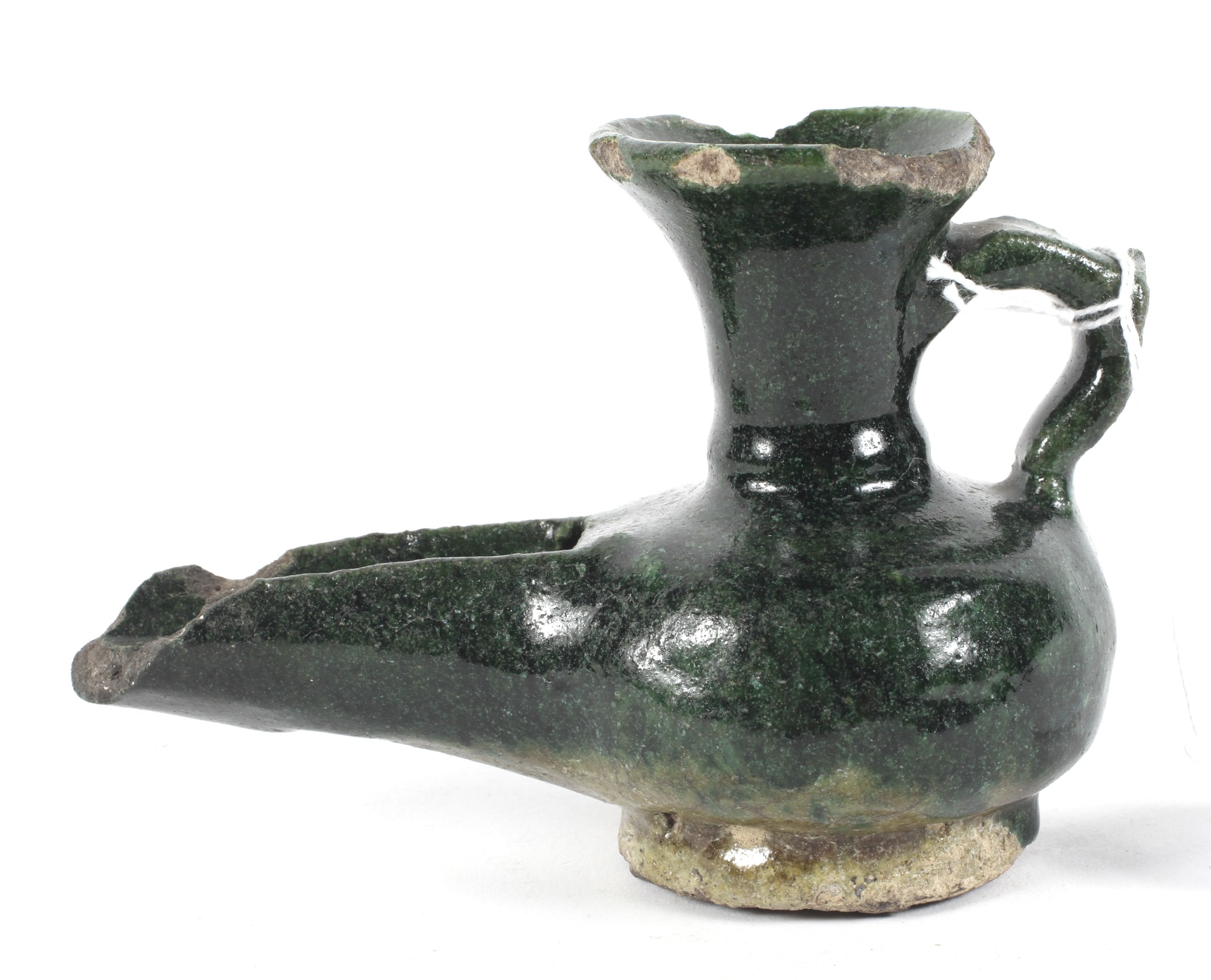 An antique Middle Eastern green glazed pottery vessel. Possibly an oil lamp. H8. - Image 3 of 3