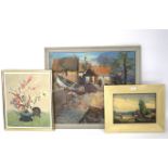 Three 20th century oil paintings. Comprising an oil on canvas depicting a street scene, 71cm x 60.