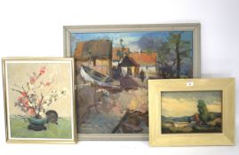 Three 20th century oil paintings. Comprising an oil on canvas depicting a street scene, 71cm x 60.