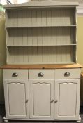 A 20th century grey painted pine kitchen dresser.