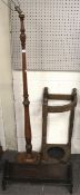 An oak corner stick stand, mahogany standard lamp, and an oak bookshelf.