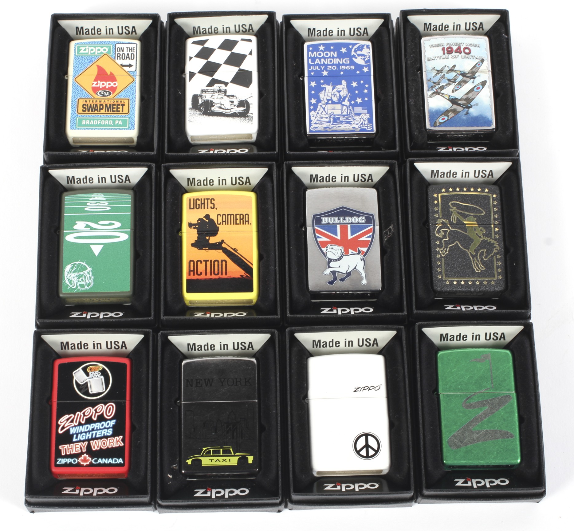 Twelve Zippo lighters. Comprising no 260 'Moon Landing', no 200 'UK Bulldog', n .