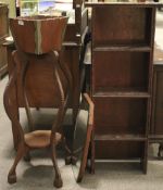 A mahogany open bookcase, an oak plant stand with undertier,