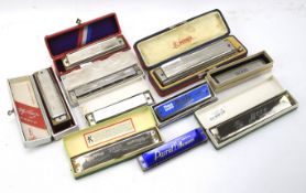 An assortment of harmonicas.