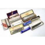 An assortment of harmonicas.