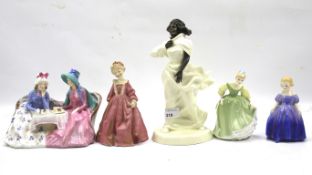 Three Royal Doulton figures, a Royal Worcester and a Minton ceramic figures of ladies.