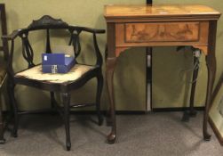 An Art Deco cased sewing machine table and an Edwardian corner chair with lyre splats.