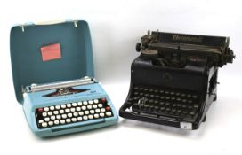 A mid-century Rheinmetall typewriter and a vintage cased Smith-Corona typewriter.