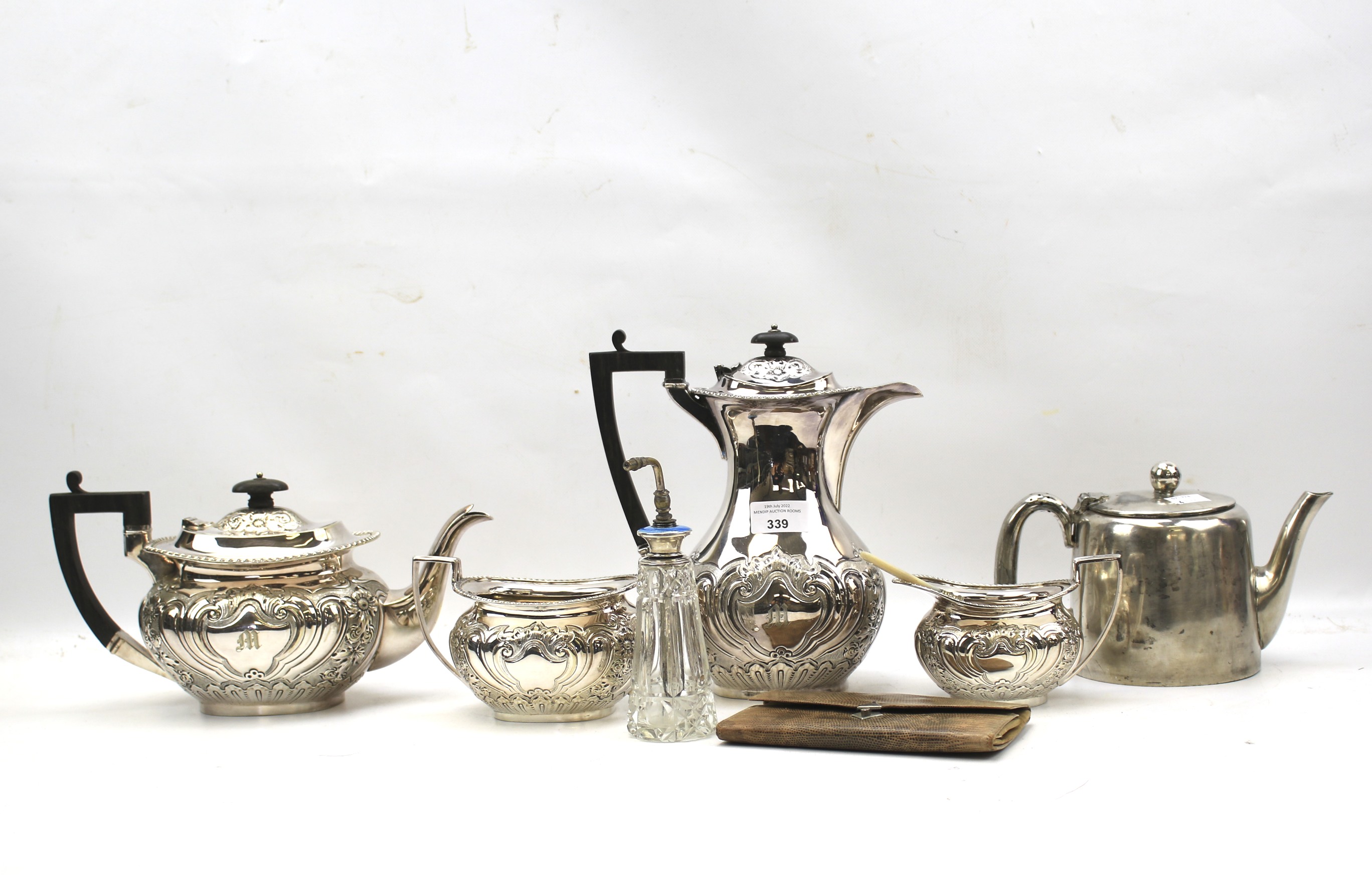 An EPNS silver plate tea set and other items.