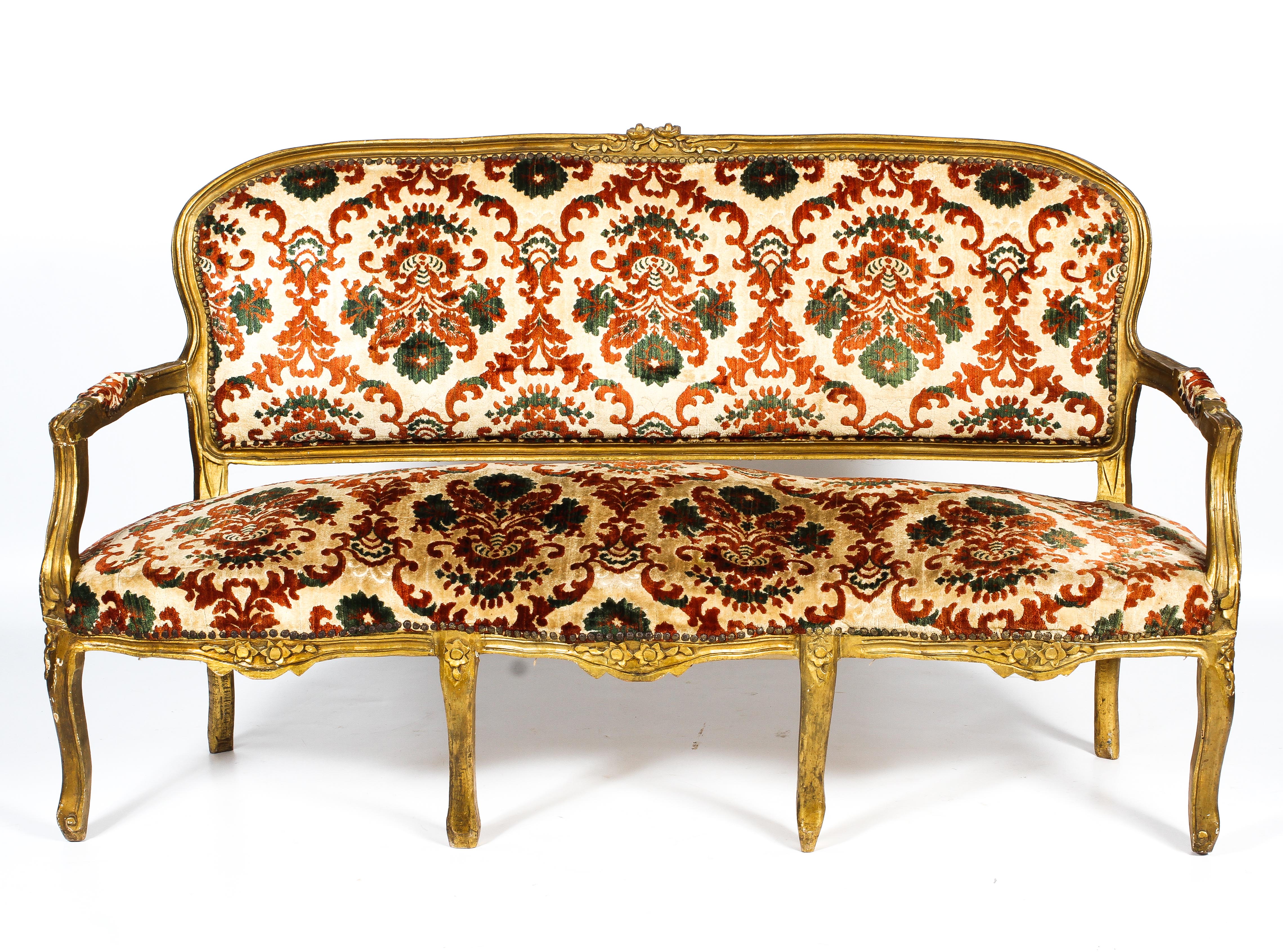 A large, late 19th century French Louis XVI-style upholstered giltwood sofa. - Image 2 of 3