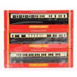 Three Hornby Railways OO gauge Great Western Railway coaches.