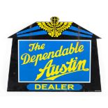 A contemporary double-sided 'The Dependable Austin Dealer' enamel hanging advertising sign.