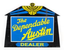 A contemporary double-sided 'The Dependable Austin Dealer' enamel hanging advertising sign.