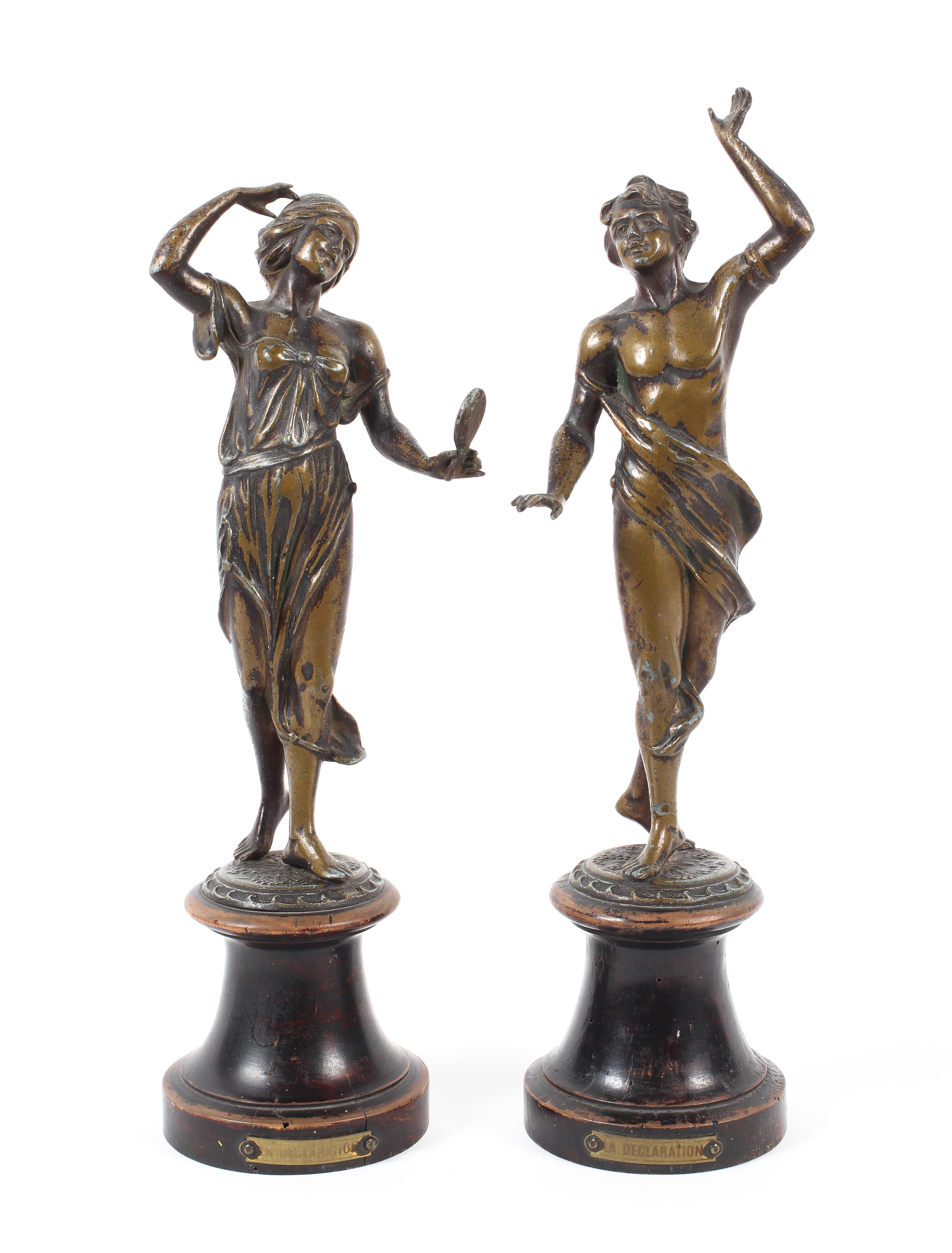 A pair of French late 19th century bronzed spelter figures titled La Declaration.