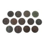 Thirteen half pennies: two 1694, 1719, 1744, 1751, 1773, 1775,