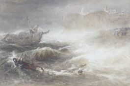 E Ellis (British, late 19th Century School), a maritime shipwreck scene in stormy waters,