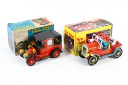 A 1960s Japanese Alps tin plate 'Early Model Limousine' and a Chinese 'Fire Chief'.