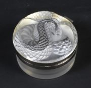 A Lalique white metal mounted frosted glass powder pot and hinged cover.