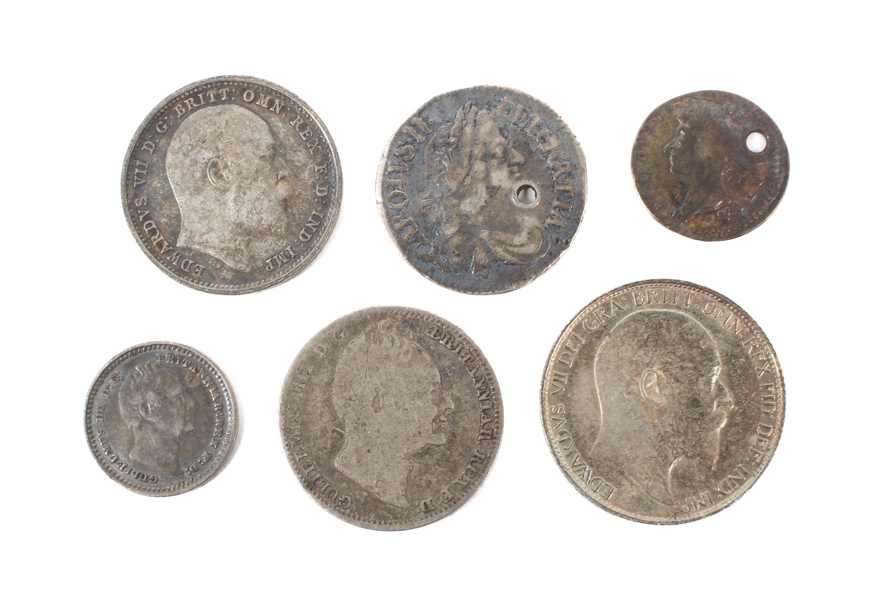 Six coins: 1902 sixpence; 1905 fourpence; 1835 one and half pence;