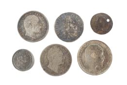 Six coins: 1902 sixpence; 1905 fourpence; 1835 one and half pence;