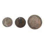 Three coins: 1787 shilling; 1673 groat (holed);