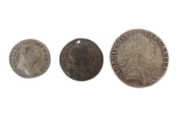 Three coins: 1787 shilling; 1673 groat (holed);