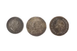 Three fourpence coins: 1731, 1686,