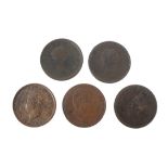 Five one pennies: 1825, 1831,