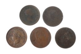 Five one pennies: 1825, 1831,