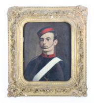 A circa 1900 portrait of a soldier, oil mounted on board.