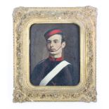 A circa 1900 portrait of a soldier, oil mounted on board.