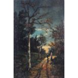 Late 19th/early 20th Century School, Figures on a Pathway in Wooded landscape, oil on canvas.