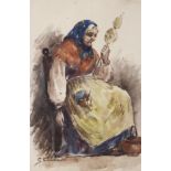 Giuseppe II Canella (1837-1913), portrait of an old woman spinning yarn, watercolour on paper.