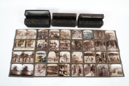 Three boxed sets of Underwood & Underwood 'Through the Stereoscope', Ceylon, India and St Pierre.