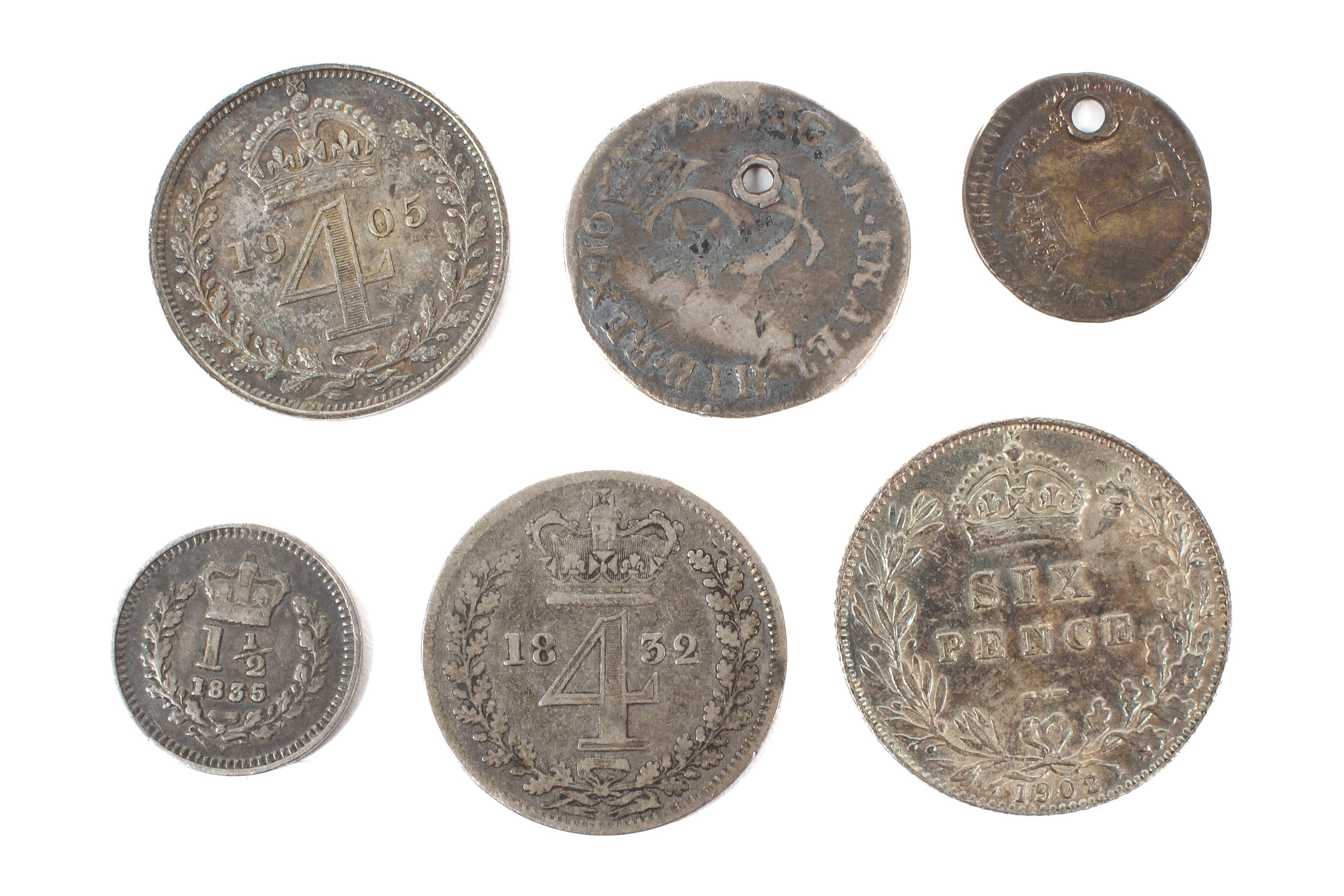 Six coins: 1902 sixpence; 1905 fourpence; 1835 one and half pence; - Image 2 of 2