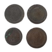 Four coins: three 1797 cartwheel twopence;