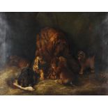 RH Moore (British, late 19th Century), Line of Ancient Lineage, a bloodhound and puppies,