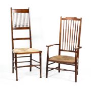 A cottage style rush seated elbow chair and a similar high spindle back chair.