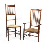 A cottage style rush seated elbow chair and a similar high spindle back chair.