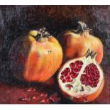 Shoup (21st Century School), still life of pomegranates, oil on canvas mounted on board.
