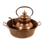 A 19th century copper kettle and two-handled pan.
