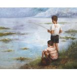 21st Century School, Boys Fishing, oil on canvas. Indistinctly signed Pra..