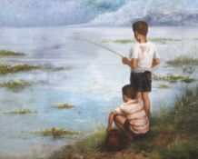 21st Century School, Boys Fishing, oil on canvas. Indistinctly signed Pra..