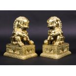 A pair of 20th century Chinese gilt-bronze lion dogs on plinth bases.