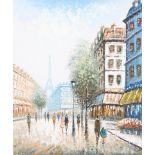 After Caroline Burnett (1877-1950), a Parisian Street Scene with the Eiffel Tower, oil on canvas.
